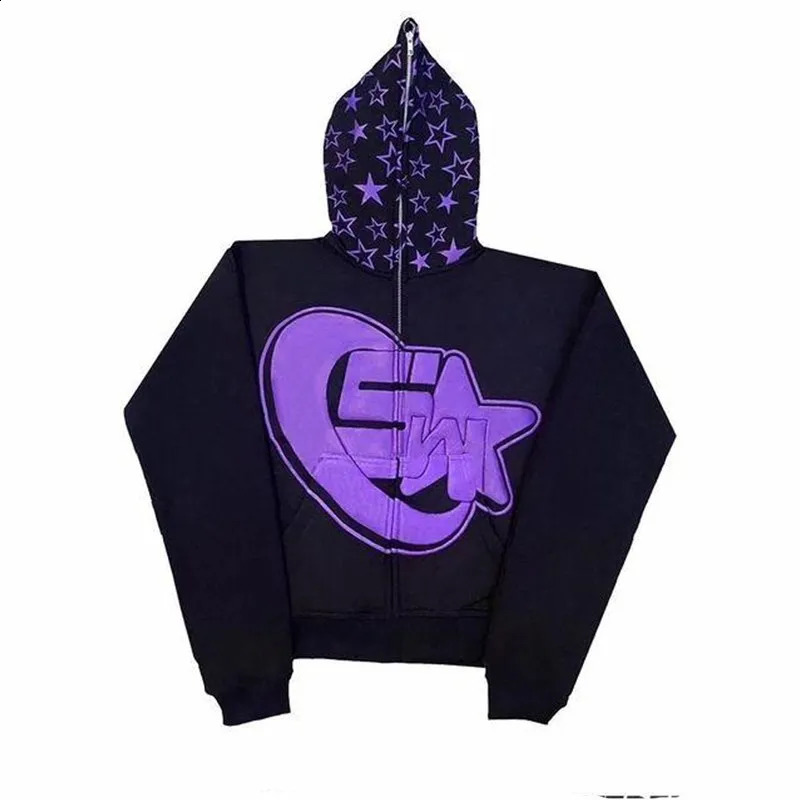 Street Trend Clothing Vintage Star Print Zip Hoodie Women Y2K Loose Casual Top Harajuku Korean Version Oversized Men Sweatshirt 240809