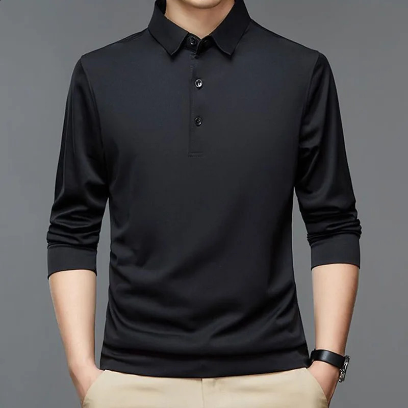 Fashion Men Business Solid Polo Shirts Spring Autumn Cotton Long Sleeve Button Lapel Male Clothing Loose Casual T-Shirt Tops 240809
