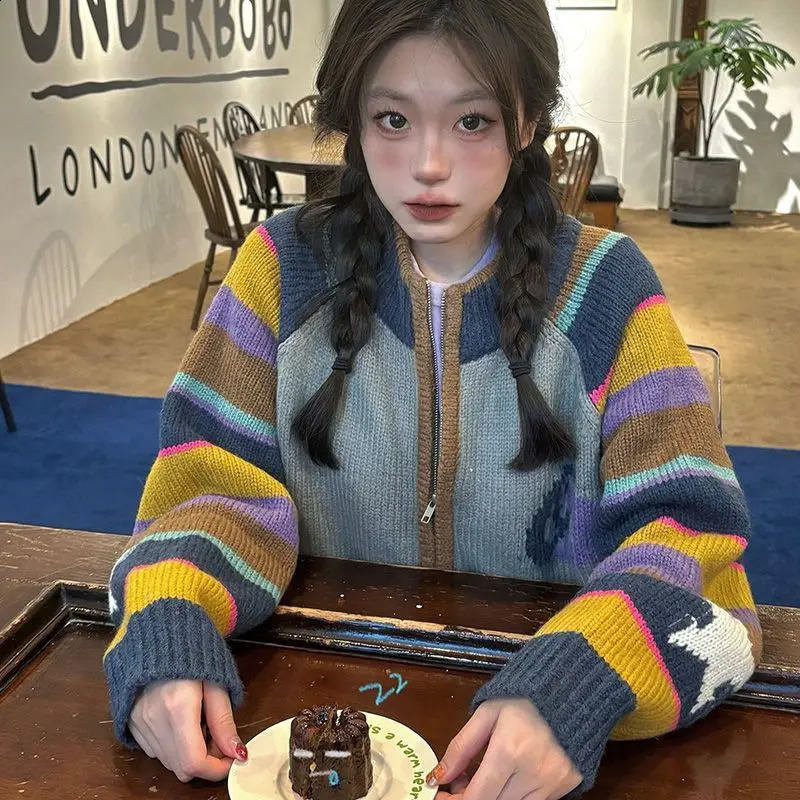 Rainbow Clashing Stripes Soft Sweater Women Winter Loose American Vintage Knitted Cardigan Jacket 240815
