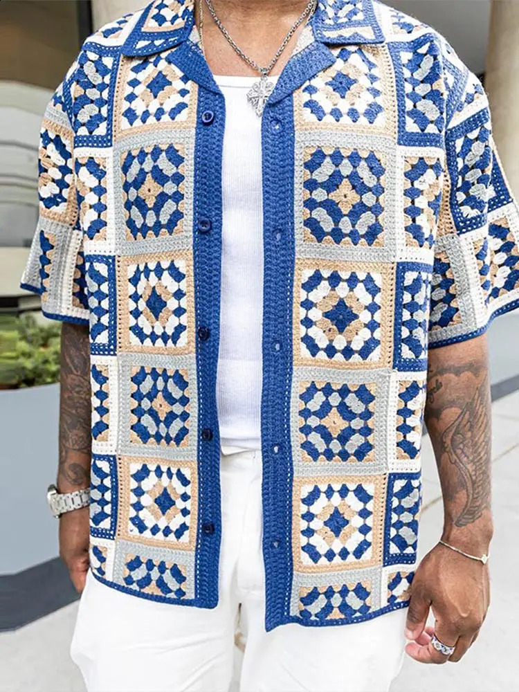 Men Retro Printed Knitted Short Sleeved Cardigan Casual Trend Turn-down Collar Button T-shirts 2024 Summer Male Street Sweater 240814