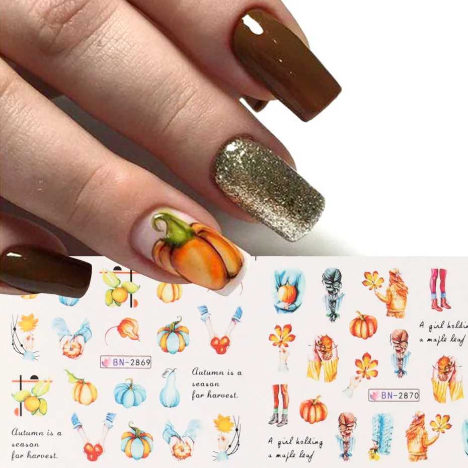12pc Fall Leaves Nail Water Stickers Set Cute Pumpkin Mushroom Nail Foils Decals Watermark Transfer Slider Autumn Manicure DecorXJ240814