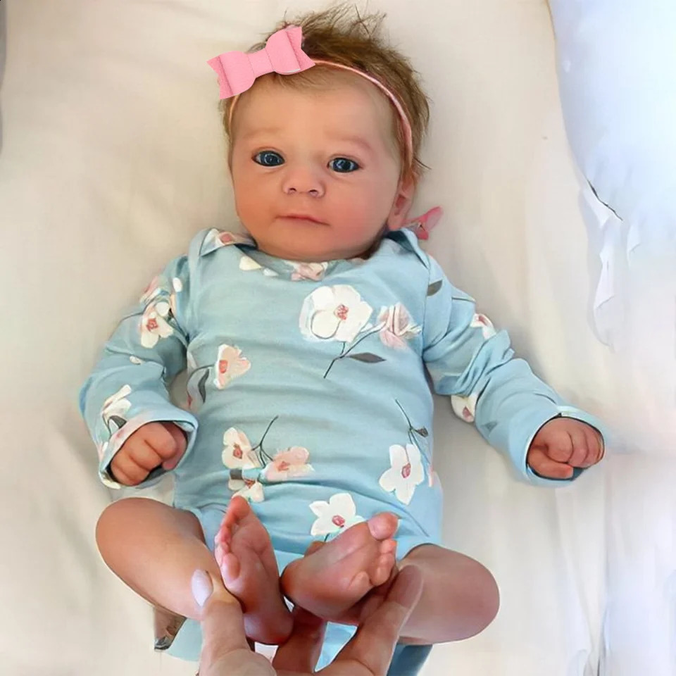 46CM Finished Reborn Baby Doll Felicia born Open Blue Eyes Doll Soft Hand-Rooted Hair 3D Skin Tone Visible Veins Gift Toy 240808