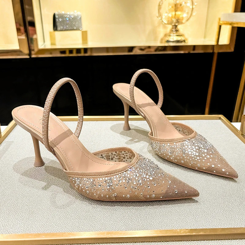 Brand Shiny Rhinestone Design Mesh High Heels Women Summer Elegant Open Pointed Toe Sandals Thine Heel Mules Pumps