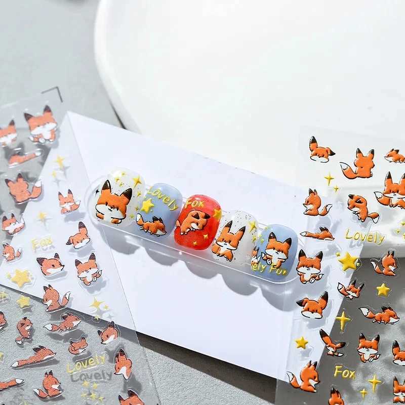 Lovely Red Fox Cartoon 5D Soft Reliefs Self Adhesive Nail Art Stickers Cute 3D Nail Decoration Decals Wholesale DropshippingXJ240814