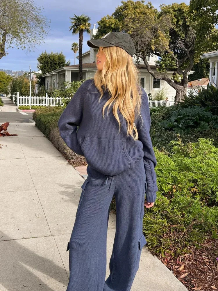 Women Rib Knit Pocket Round Neck Sports Casual Hoodies Set Fashion Straight Pants Elastic Waist Suit 2024 Lady Casual Streetwear 240814