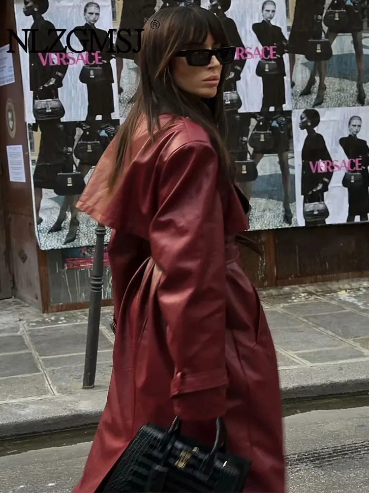 TRAF Womens Style with Long Single Chest Artificial Leather Jacket Retro Sleeve Pocket 240814