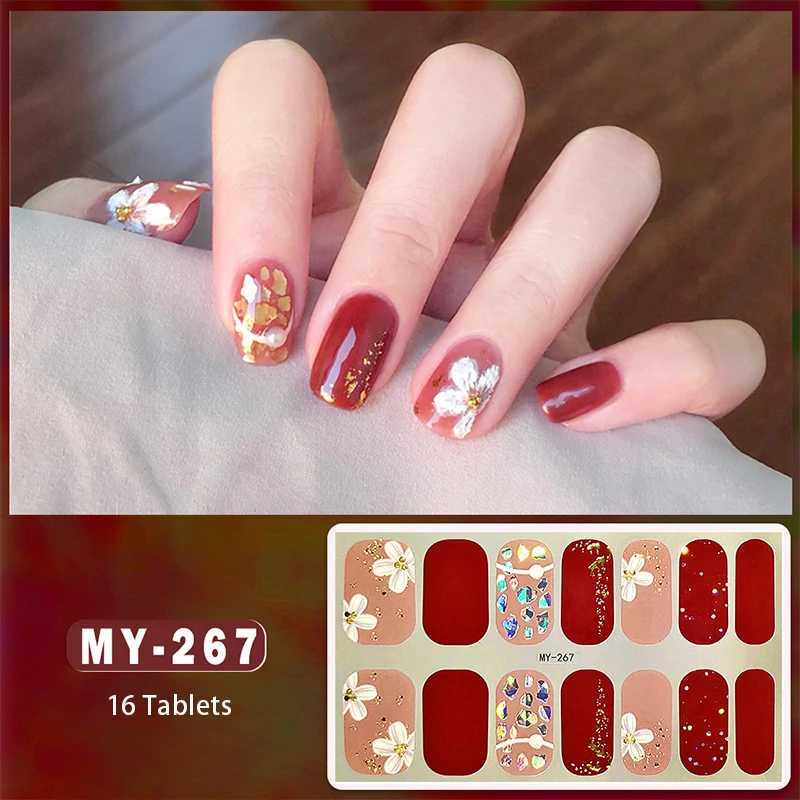 16Tips Baking-free Nail Stickers Long-Lasting Glittering Flowers In Summer Nail Strips Patch Slider Full Cover DecalXJ240814