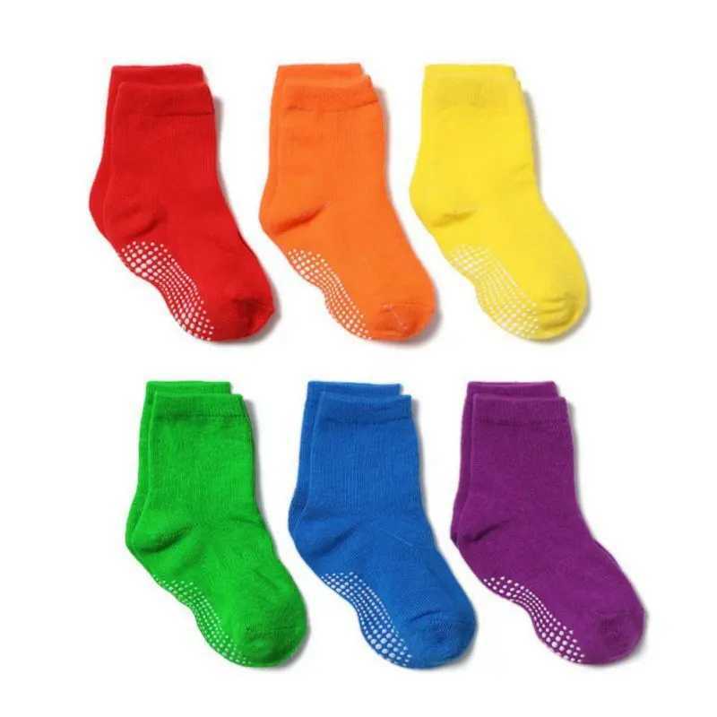 6 pairs/batch of childrens pure cotton anti slip socks suitable for boys girls flooring childrens socks with rubber handles all year round W240814