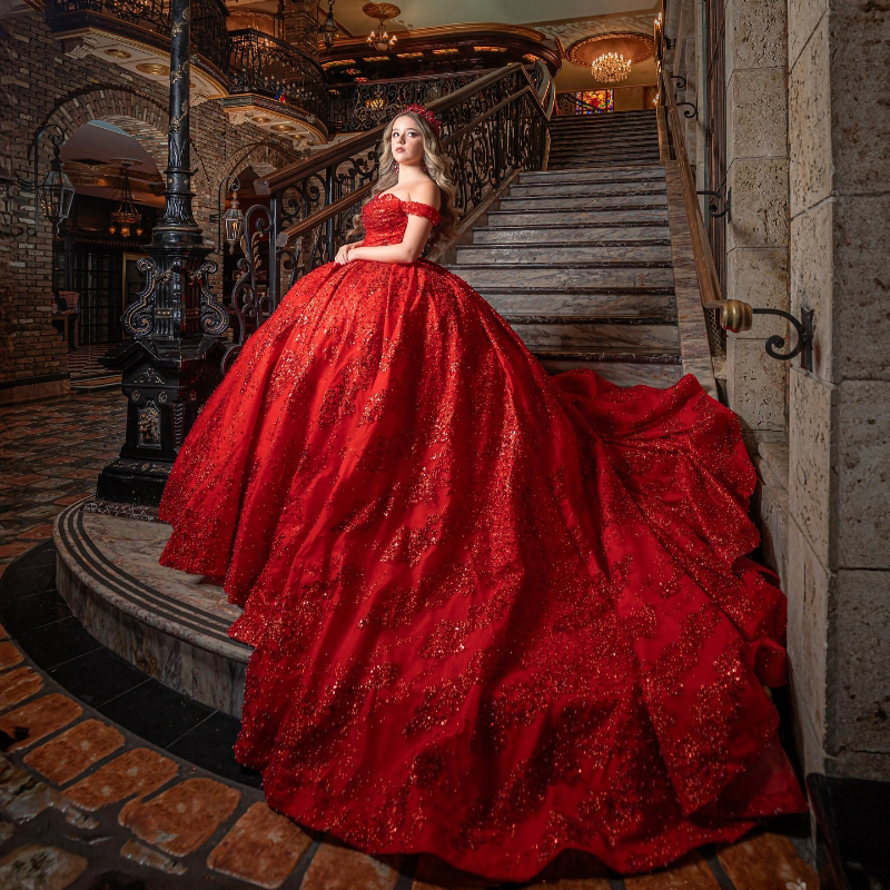 Red Shiny Quinceanera Dressess 2024 Off The Shoulder Beads Crystal Lace Tull Ball Gowns Sweet 16 Dress Vestidos De 15 Anos