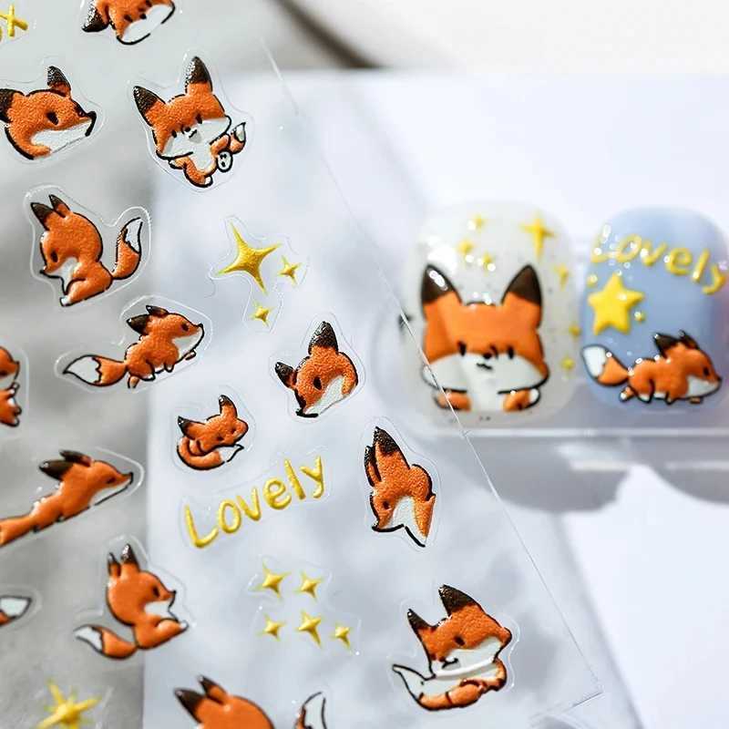 Lovely Red Fox Cartoon 5D Soft Reliefs Self Adhesive Nail Art Stickers Cute 3D Nail Decoration Decals Wholesale DropshippingXJ240814