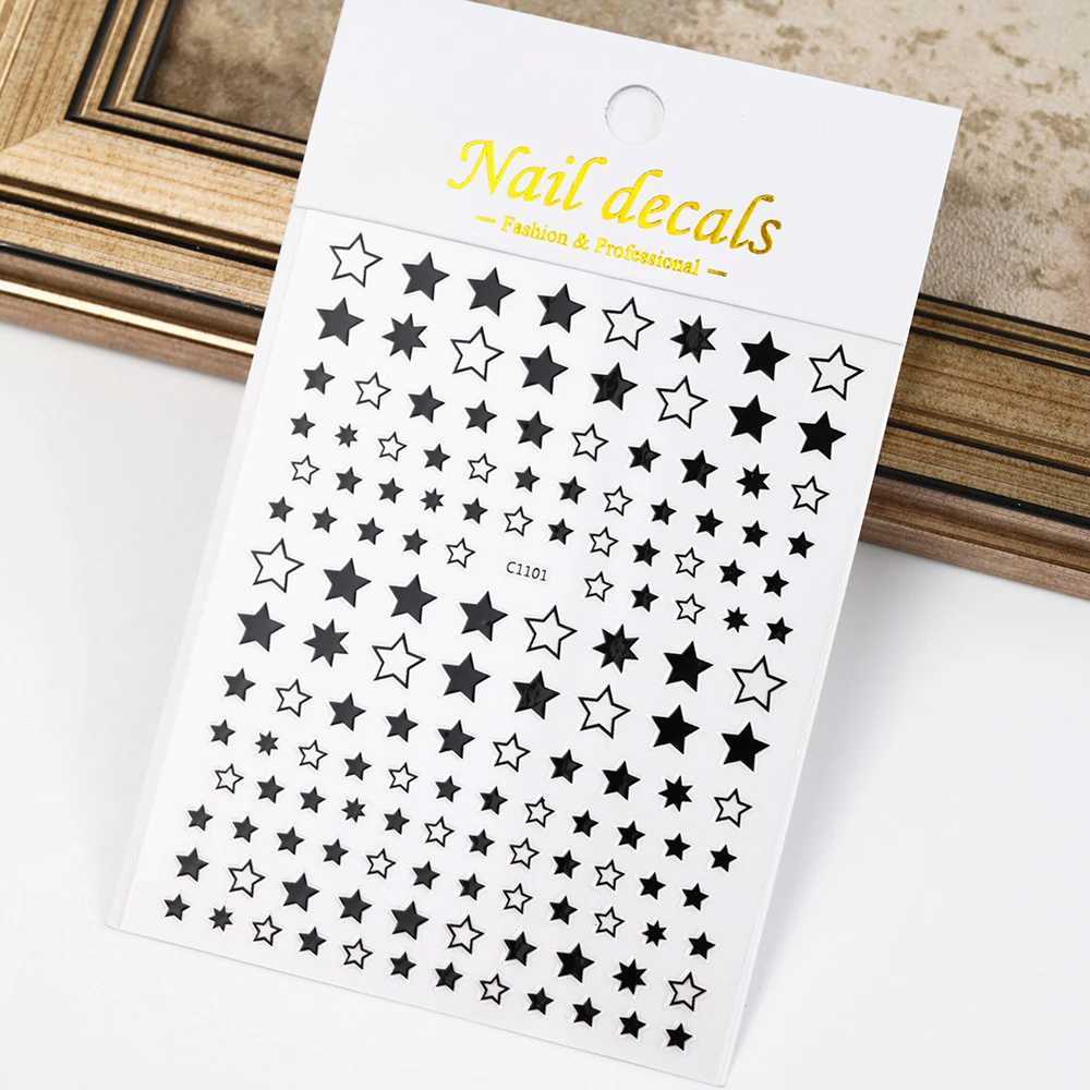 Black White Star 3D Nail Art Sticker Y2K Pentagram Self-Adhesive Decals Laser Shiny Glitters Starlight Manicure Ornaments SliderXJ240814