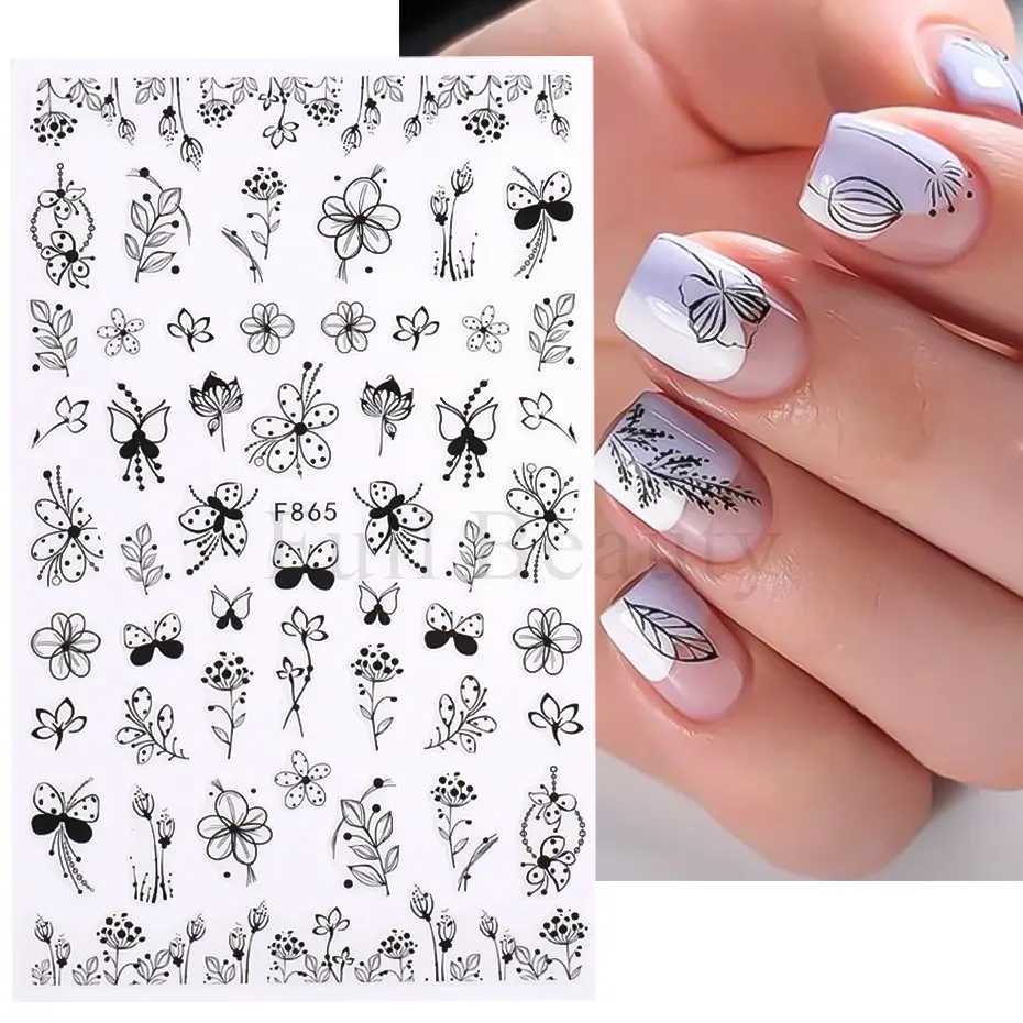 1PC Black Leaf 3D Adhesive Sticker For Nail Geometric Lines Spring Flower Leaves Butterfly Nail Decor Decal Manicure AccessoriesXJ240814