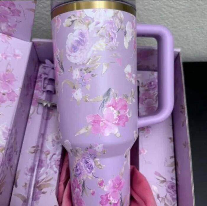 Ship From USA 40oz TUMBLER Pink Rose Blue Magnolia Mug Holiday Stainless Steel Tumbler with Silicone Handle Lid and Straw Cups Mugs Target water bottl