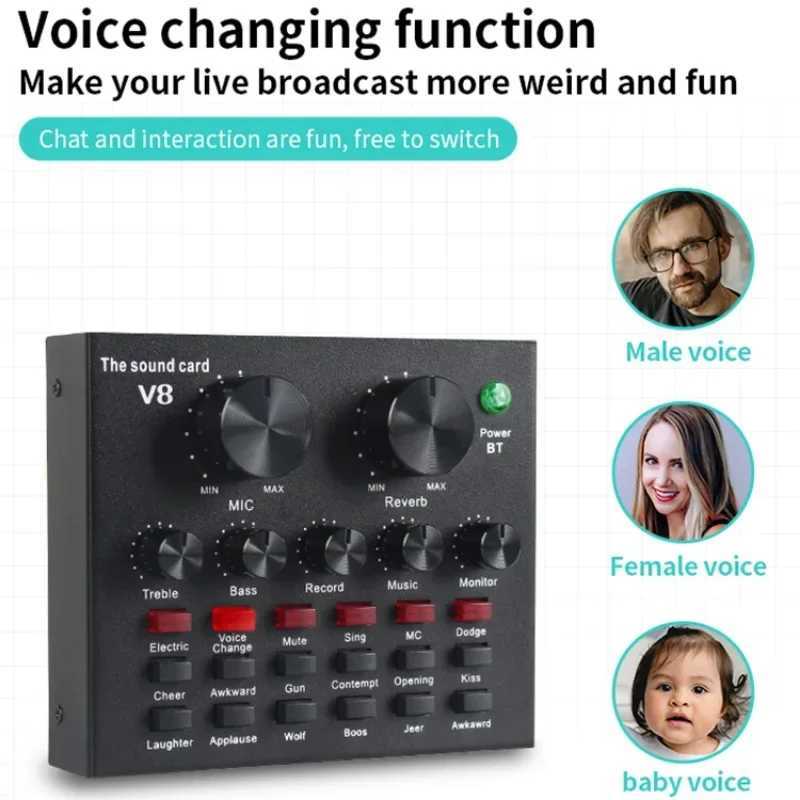 V8 Professional Sound Card Streaming Live Broadcast Podcast Recording Studio Device Voice Converter Audio Interface SoundCard B240815