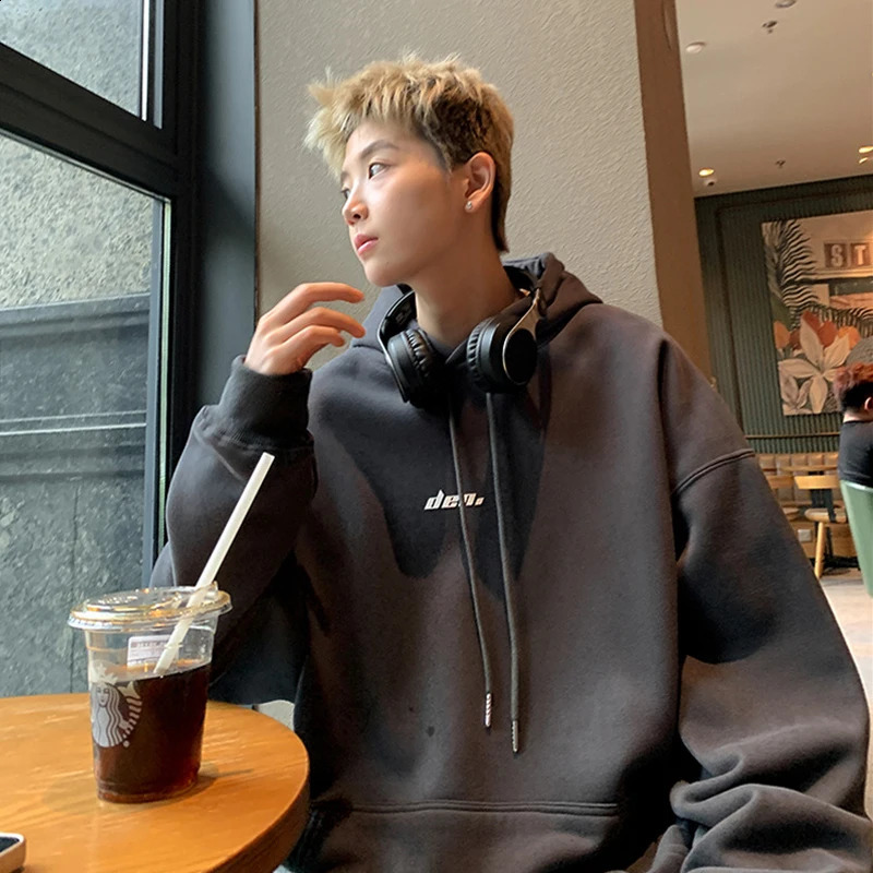 Korean Fashion Dark Grey Fleece Hoodies Men Letter Print Simple Baggy Hoody Sweatshirt Harajuku Streetwear Y2K Hoodie 240815