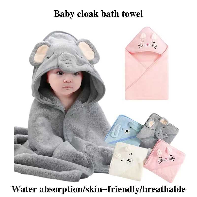 Newborn Kids Bathrobe Solid Color Cartoon Coral Fleece Super Soft 80cm Toddler Baby Hooded Bath Towel Bathrobe Swaddle Blanket Y240815