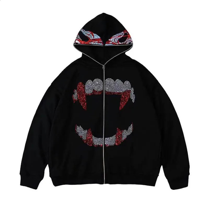 Zipper Ghost Rhinestone Hoodies Black Gothic Sweatshirts Y2k Bling Autumn Jackets Grunge American Fashion Hoodie Men Streetwear 240814