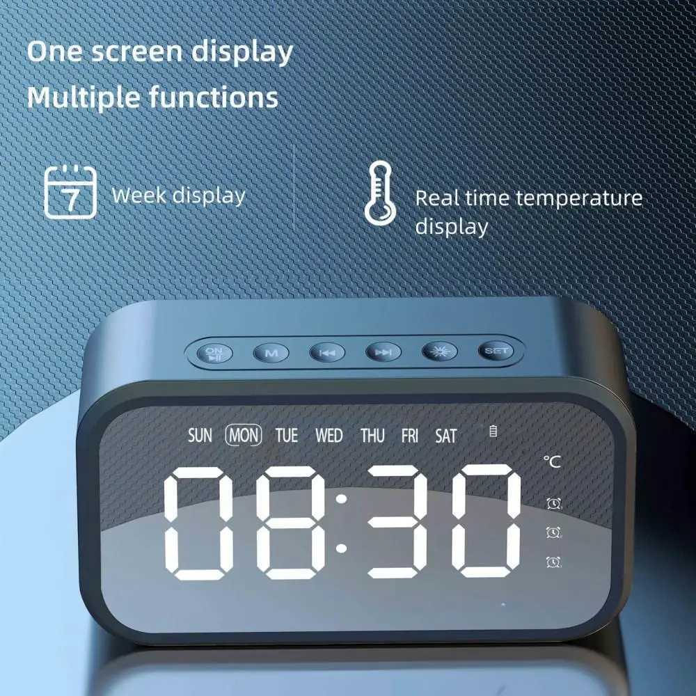 Rechargeable Digital Alarm Clock TEMP Week 3 Alarms FM Radio LED Table Clock Stereo Sound TF Card Playback Wireless SpeakerM240814
