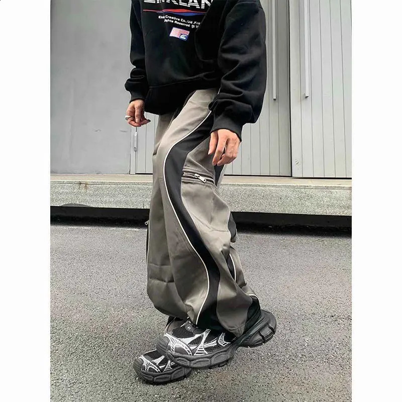 Elegant Fashion Harajuku Slim Fit Ropa Hombre Loose All Match Sport Casual Pants Contrasting Colors Patchwork Pockets Trousers 240814
