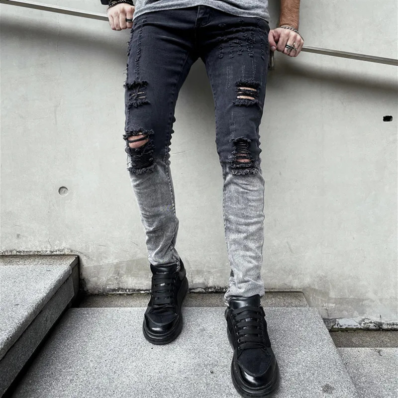 Men Stylish Ripped Gradient Skinny Pencil Jeans Pants Male Holes Stretch Casual Denim Trousers 240814