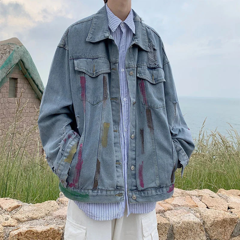Pierced denim jacket mens Korean version chaopai high street splash couples coat spring and autumn loose fashion versatile top 240814