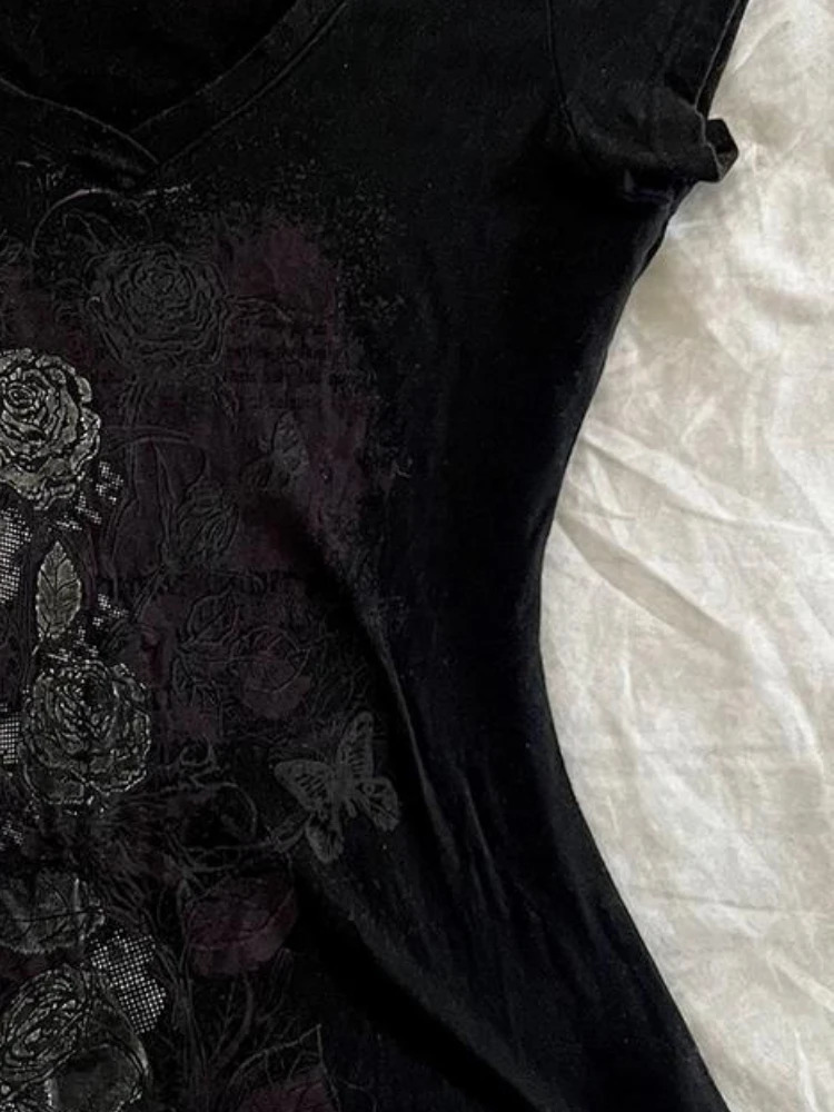 Y2k Aesthetic Flower Printing Women Grunge Tshirts Retro Ultra Thin Harajuku Waist Black Tshirt Summer Bottom Crop Top 240814