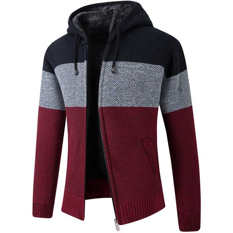 Plus velvet padded autumn and winter mens knitted cardigan sweater mens color matching hooded Korean sweaterXJ240814