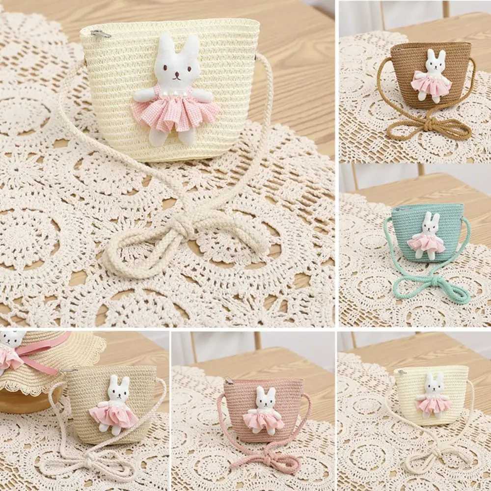Cartoon Rabbit Mini Straw Bag Summer Beach Zipper Hand Woven Childrens Messenger Bag Coin Wallet Photo Props Cross body Handbag W240906