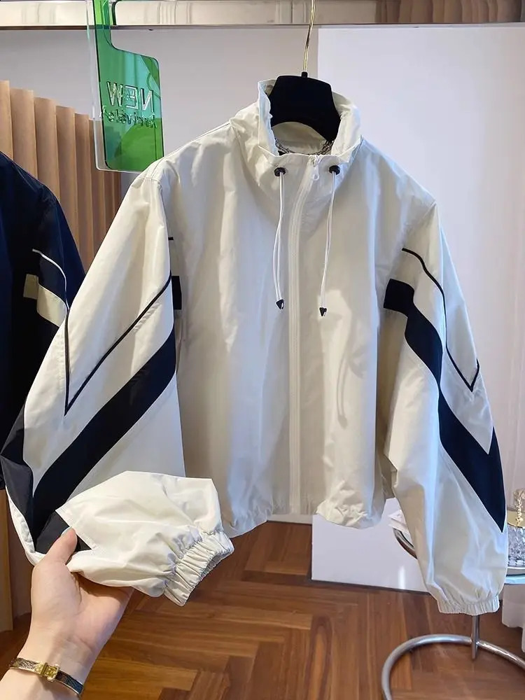 design feeling loose and casual drawstring stand up collar jacket for womens spring autumn thin short baseball fashion 240814