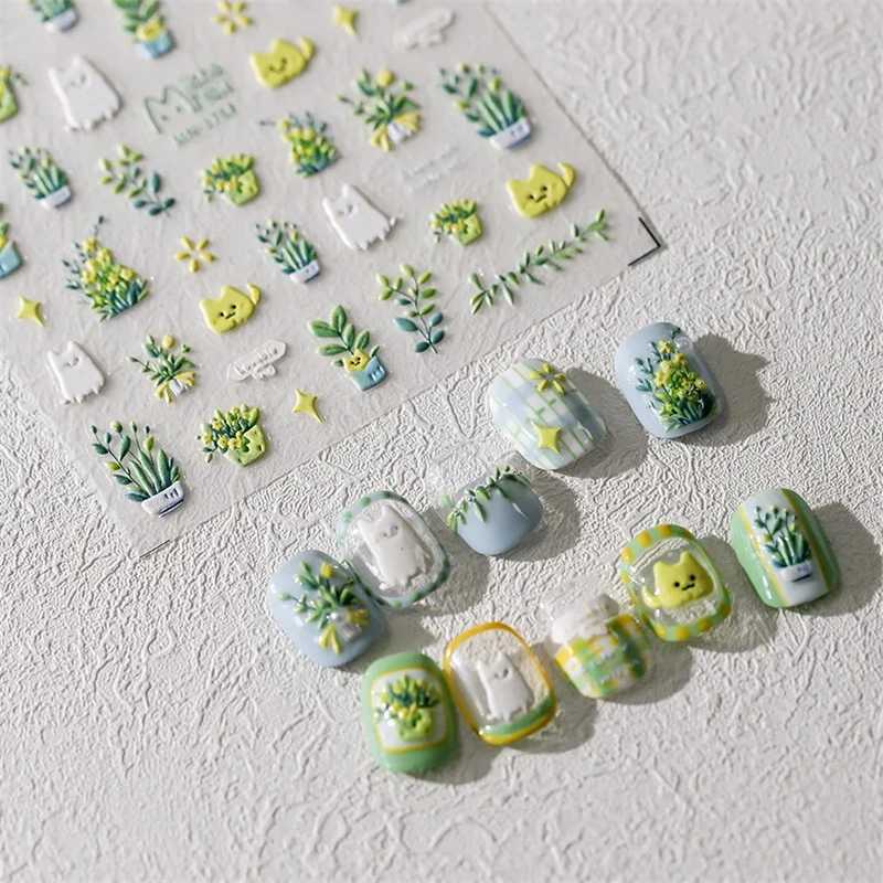 1Pcs Lovely Cat Green Potted Plant Flowers Nail Stickers 5D Reliefs Self Adhesive Nail Art Stickers Manicure Decorations DecalsXJ240814