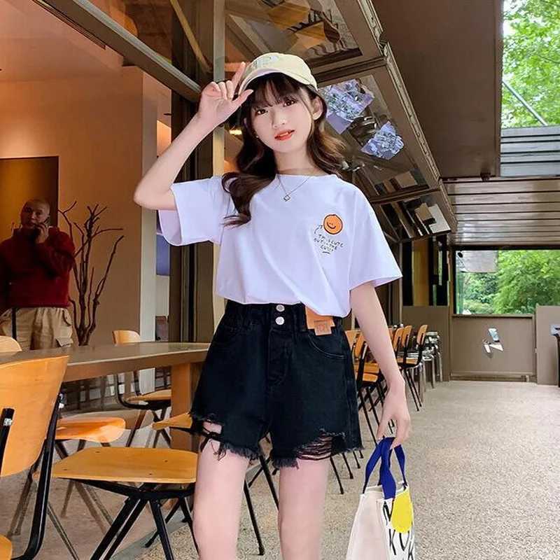 Childrens girls summer shorts retro tear hole casual style elastic waist jeans childrens clothing 6 8 10 12 14 years old W240813