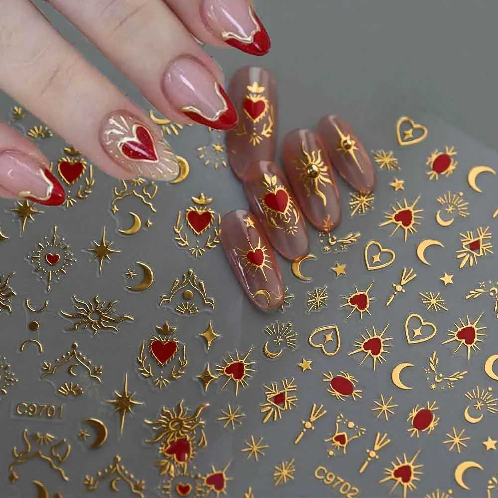 1pcs 3D Bronzing Gold Love Heart Nail Art Stickers Y2K Holographic Stars Sun Sliders Starlight DIY Decals Manicure DecorationXJ240814