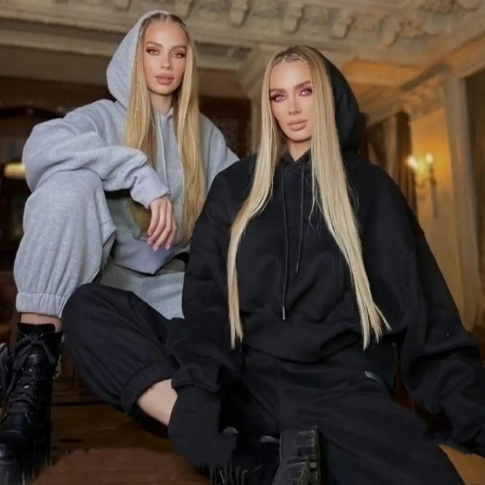 Women Solid Color Tracksuit Casual Warm Long Sleeve Sweatshirt Jogger Pants Two Piece Sets Winter HoodiesPants Sport Suits 240809