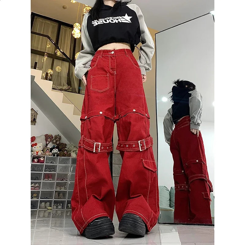Chic Hip-hop Women Red Cargo Pants 2-In-1 Detachable Baggy Jeans Y2k Wide Leg Trousers 90s Retro Streetwear 240815