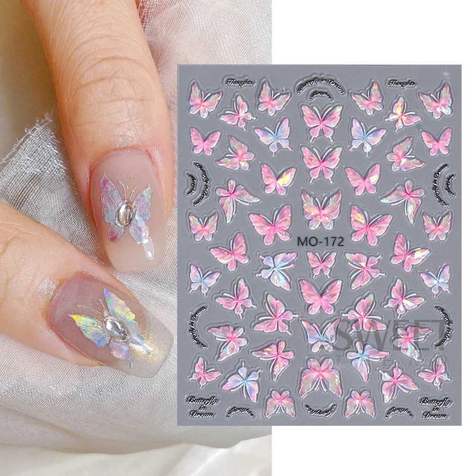 Acrylic Engraved Butterfly Nail Manicure Sticker Holographic Crystal Fairy Rose Flowers Adhesive Decals Charm Spring Foils WrapsXJ240814