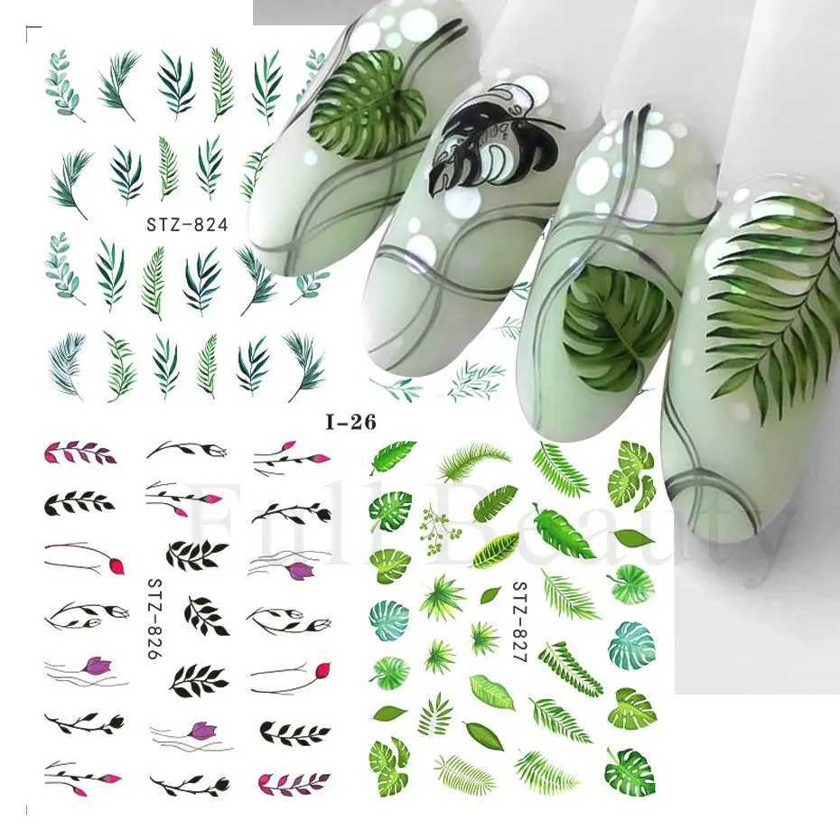 4 PC/Sheet Spring Black Leaf Flower Water Decals Simple Nail Decor Sticker Butterfly Green Palm Design Nail Art Watermark LAI-24XJ240814