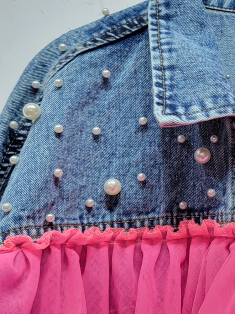EWQ Mesh Spliced Pearl Denim Jacket For Women Long Sleeve Patchwork Contrast Jackets Coat 2024 Spring Summer Tops 16Y7008 240814