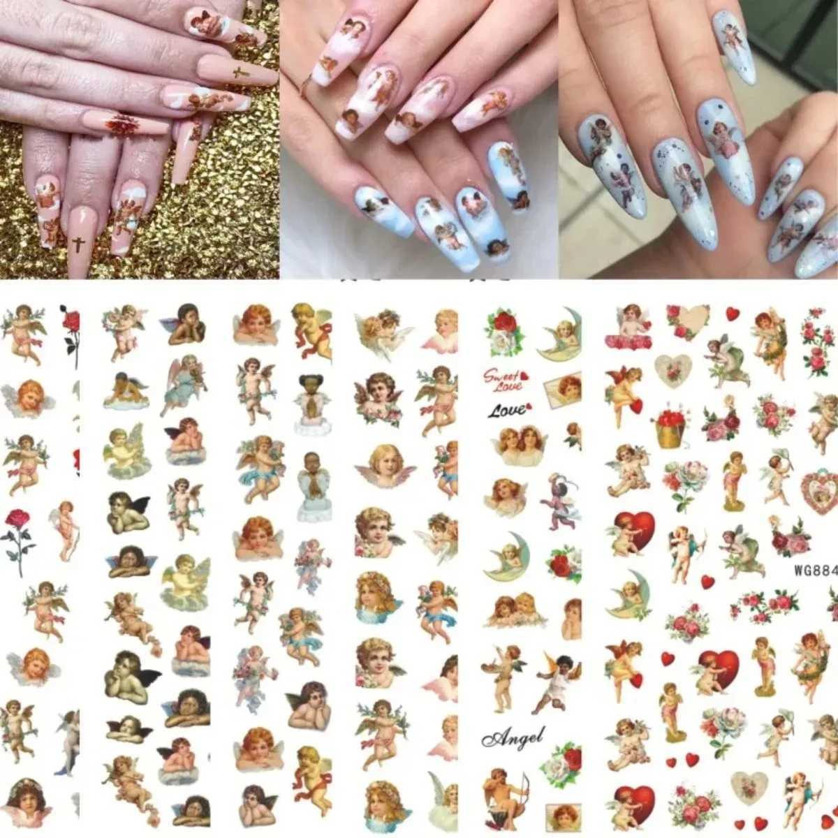 Angel Flower Pattern Nail Stickers Cupid Self-Adhesive Nail Decals 3D DIY Tips Nail Art Decorations Nail Design Manicure WrapXJ240814