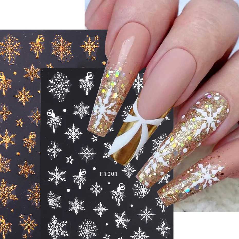 New Christmas Decorations 2023 New Year Nail Stickers 3D Gold Santa Claus Elk Snowflake Nails Art Accessories Sliders For NailsXJ240814