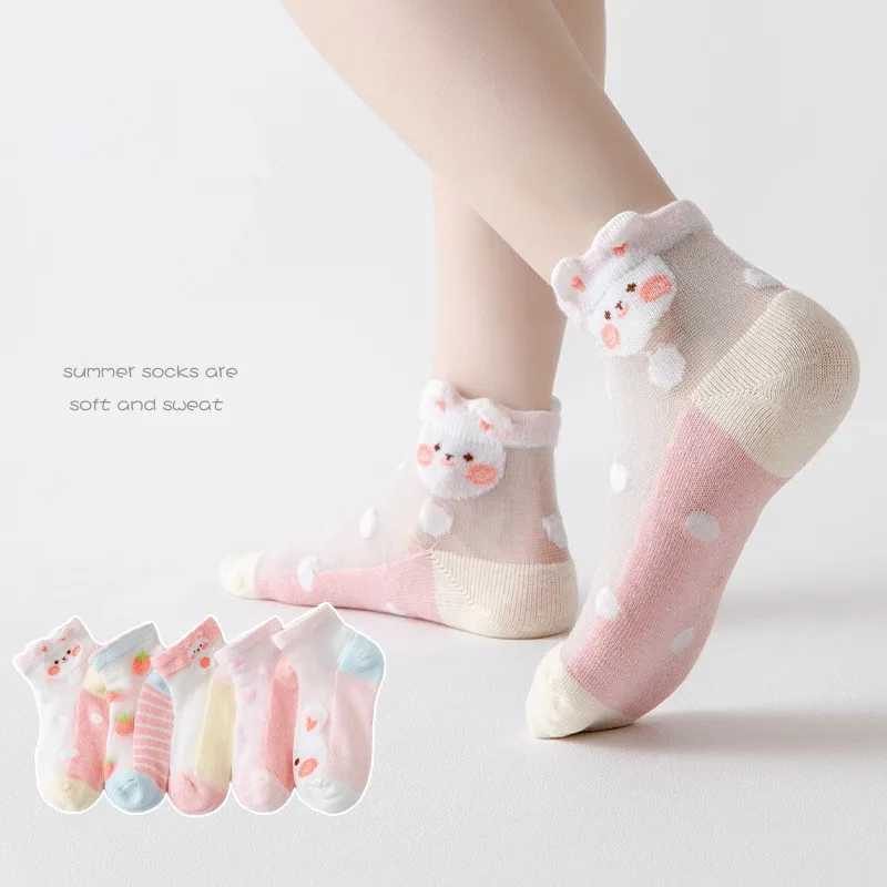 5 pairs/batch of summer soft cotton girls socks breathable childrens short ankle socks childrens lace princess net cartoon socks W240814