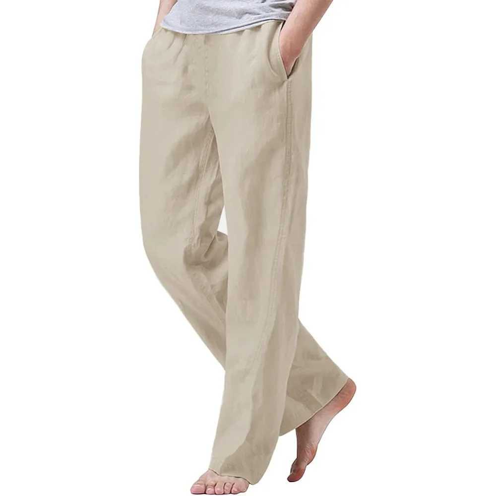 Mens cotton linen breathable drawstring pants with elastic waist casual jogging yoga pants beach bag loose Trouser mens sports pantsW240725 1 W250318