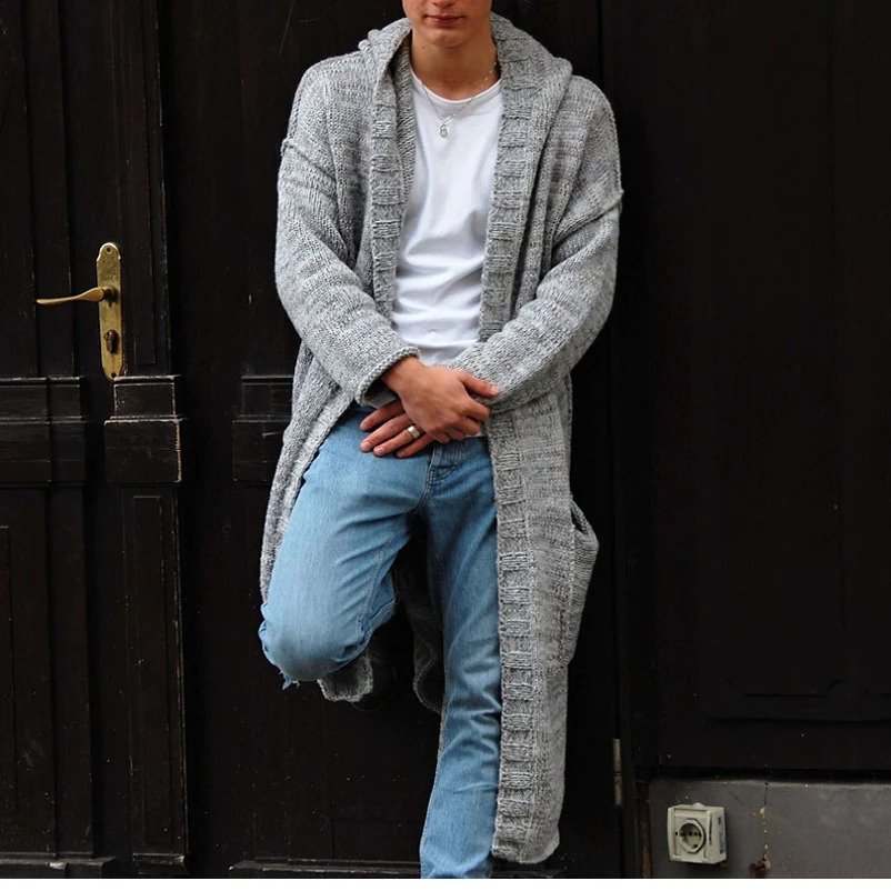 Winter Mens Vintage Hooded Thin Sweater Cardigan Long-sleeve Knitwear Loose Long Hoodie Coat for Men Casual Knitted Warm Jacket 240814