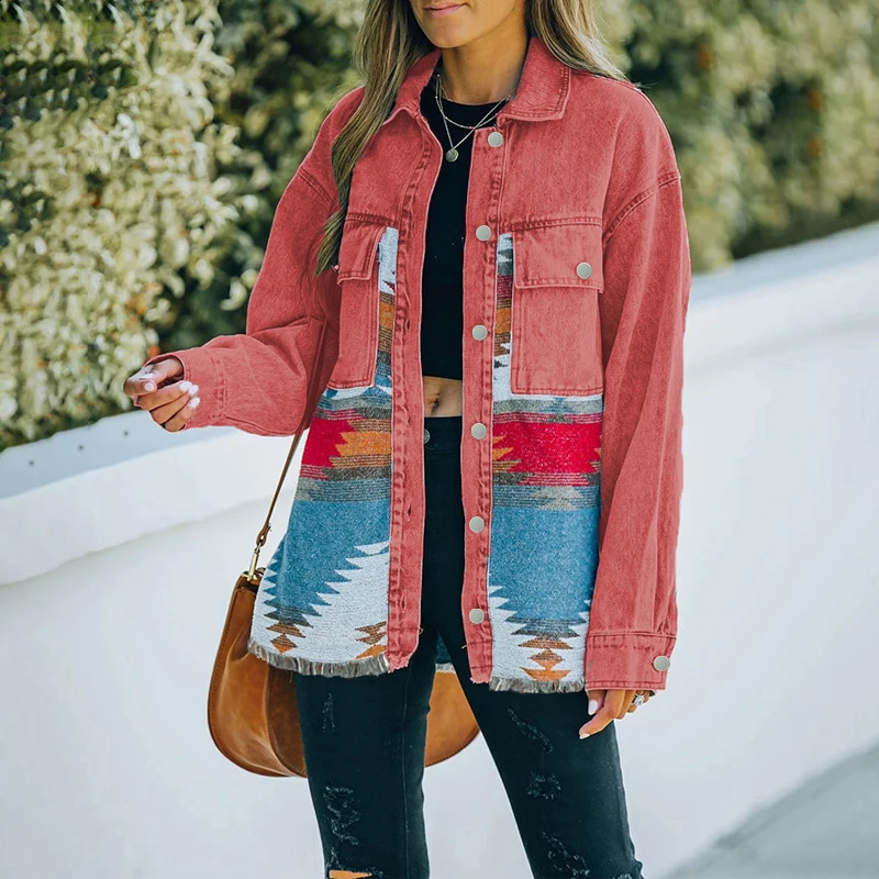 AYUALIN Vintage Patchwork Casual Loose Oversize Denims Autumn Winter Outwear Boho Long Sleeve Denim Jackets for Women Tops Coats 240814