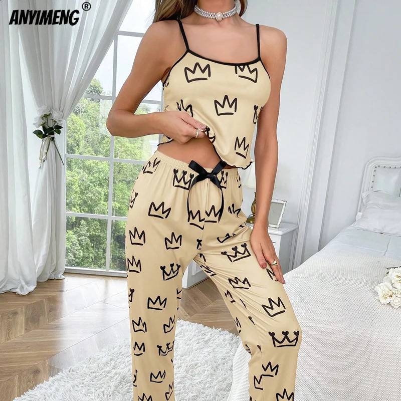 Crown Printing Women Sling Widelegs Pajamas Set Fashion Pijama For Girl Soft Milk Silk Sleepwear Casual Lady Sexy Nightwear 24