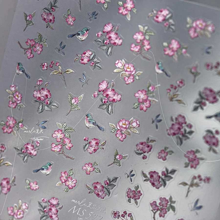 1pcs 5D Embossed Flower Nail Stickers Kawaii Pink Flower Nail Art Charms Decorations Decals DIY Self-Adhesive Slider AccessoriesXJ240814