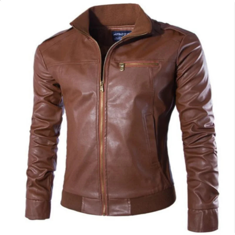 Stand Collar Motorcycle Leather Jacket Coat Autumn Winter Mens Casual Fashion Trendy Mens Leather Coat 240814