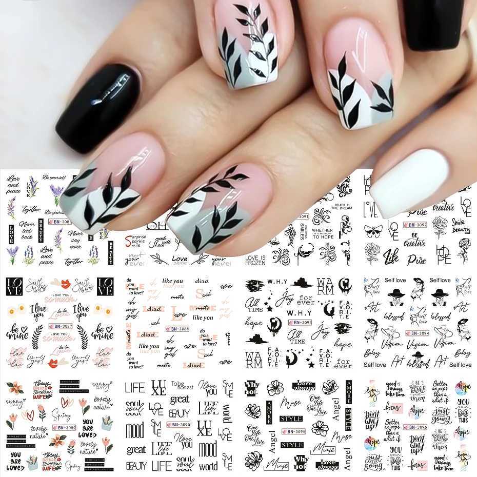 12pcs Black Leaves Letter Nail Stickers Water Transfer Decals Purple Flower Lace Sliders Decorations Manicure Charm Foils LABNXJ240814