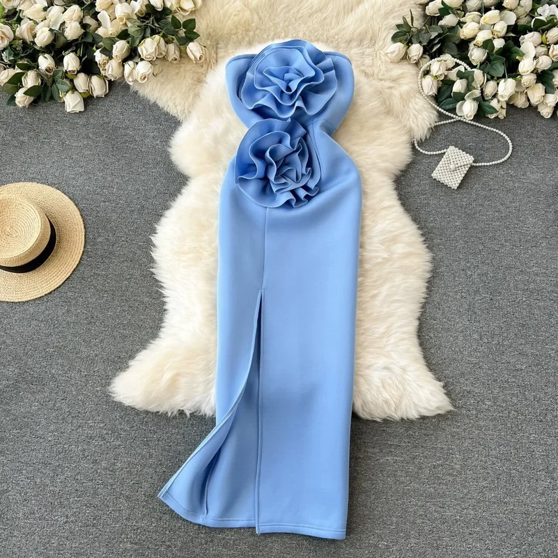 3D Flowers Strapless Formal Occasion Dresses for Women Slash Neck Skinny Hip Wrap Dress American Chic Female Vestidos Dropship 240814