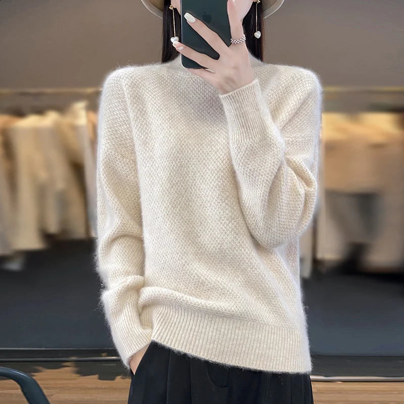 DjzDsm 100% mink cashmere fleece sweater autumnwinter half turtle neck loose wool thickest womens bottom 240814