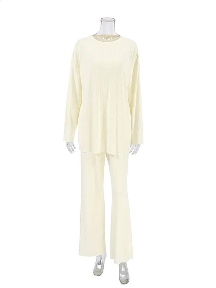 Hiloc Apricot Knitted Pajamas For Women 2 Piece Sets Ribbed Long Sleeve O Neck Sleepwear Female Loose Trouser Suits Winter 2024 240814